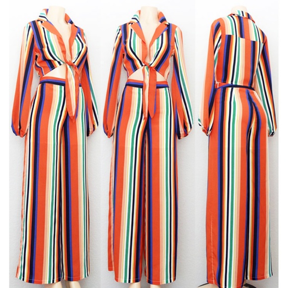 Striped Tie Front Top Wide Leg High Waist Pant Set - Picture 2 of 8